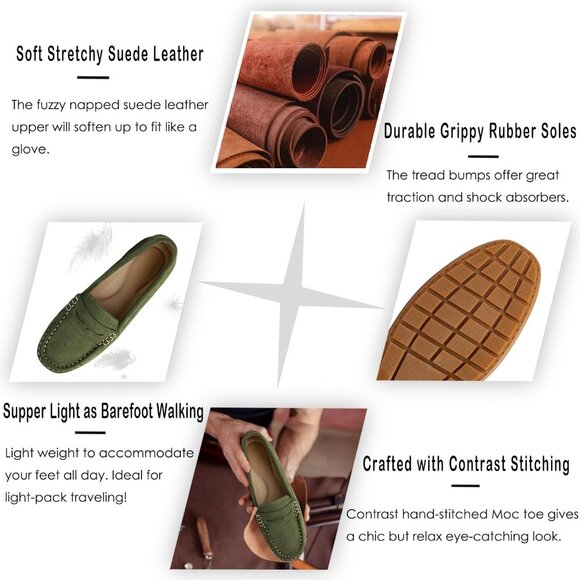 Kordal Women Army Green Suede Gold Accent Buckle Slip-Ons Walking Flats Loafers - Picture 3 of 9